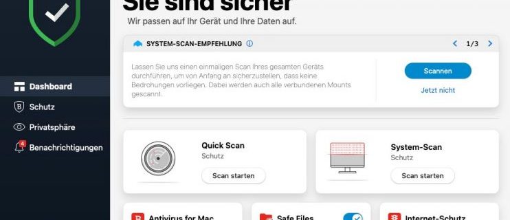 Das Dashboard von Antivirus für Mac bietet den Zugriff auf sämtliche Funktionen